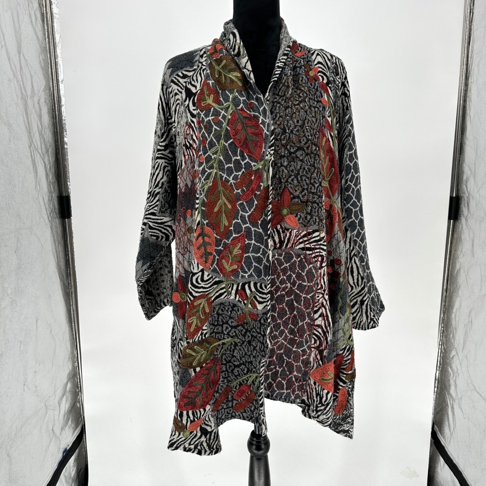 Anu 100% Wool Multicolor Boho Floral Embroidered Knit Open Cardigan Patchwork M